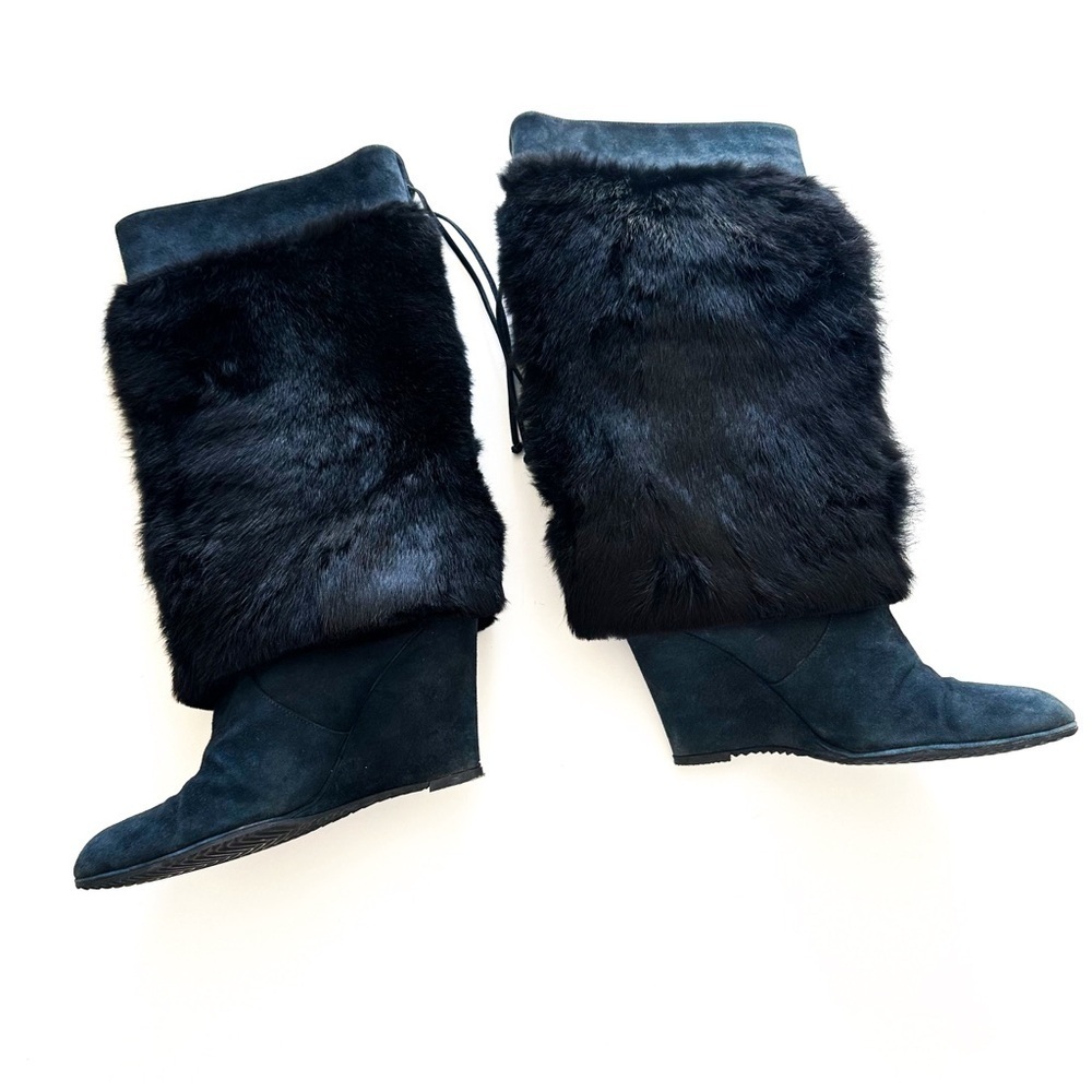 John Richmond Blue Suede Fur Wedge Boots with RICH Embellishments 39 - Picture 4 of 12